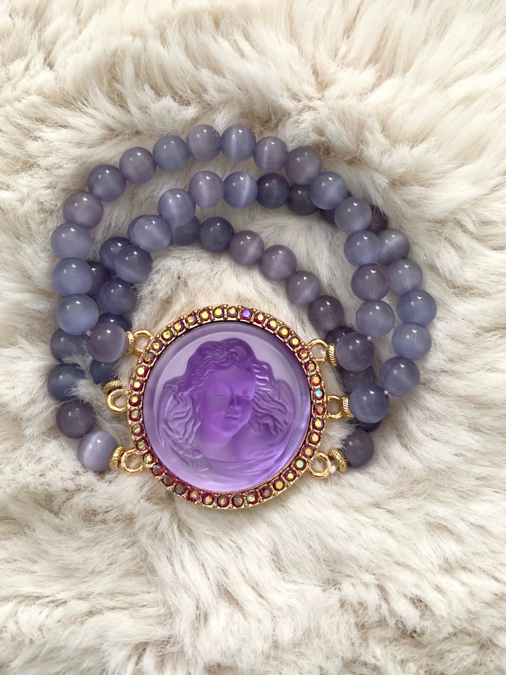 Kirk’s Folly Purple Angel Face Cats Eye Glass Bead Bracelet